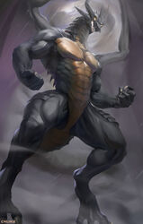  2019 adobe_photoshop_(artwork) anthro bahamut black_body black_scales chunie claws detailed_background digital_media_(artwork) digital_painting_(artwork) digitigrade dragon european_mythology final_fantasy flying hi_res male membrane_(anatomy) membranous_wings muscular muscular_anthro muscular_male mythological_creature mythological_scalie mythology nude open_mouth orange_body orange_scales raining scales scalie solo square_enix tail western_dragon wings 