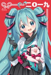  2019 :d ahoge animal aqua_bow aqua_eyes aqua_hair arami_o_8 black_gloves black_ribbon black_skirt blush bow chinese_zodiac commentary female fur-trimmed_gloves fur_trim gloves hair_ribbon hanbok hand_up hatsune_miku heart heart_ahoge holding holding_animal korean_clothes long_hair long_sleeves looking_at_viewer open_mouth pig pink_bow pink_skirt red_background ribbon shirt sidelocks skirt smile snapping_fingers solo standing twintails upper_body vocaloid white_shirt year_of_the_pig 