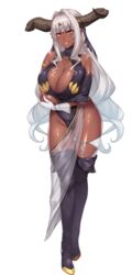  bracelets breasts dark_elf dark_skin demon_girl elf female full_body game_cg horns jewelry monster_girl muchimuchi_dekapai_mara_gui_maou-sama_to_onboro_yojouhan_dousei_seikatsu official_art orcsoft pointy_ears sian solo white_hair 