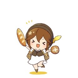  bread brown_hair chibi closed_eyes dress esaka female food hat jewelry money octopath_traveler open_mouth short_hair simple_background smile solo tressa_(octopath_traveler) white_background 