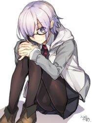  ankle_boots blue_skirt blush boots commentary_request fate/grand_order fate_(series) female glasses hair_over_one_eye hood hoodie interlocked_fingers knees_to_chest looking_at_viewer mash_kyrielight necktie nikame pantyhose purple_eyes purple_hair red_necktie semi-rimless_eyewear skirt smile solo white_background 