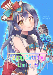  absurdres bad_id bad_pixiv_id birthday black_gloves blue_background blue_hair blush cafe_maid_(love_live!) character_name closed_mouth commentary_request dated embarrassed english_text female flower gloves hair_between_eyes happy_birthday hat highres holding long_hair looking_at_viewer love_live! love_live!_school_idol_festival love_live!_school_idol_project microphone mini_hat miyamae_porin simple_background solo sonoda_umi standing treble_clef wavy_mouth yellow_eyes 