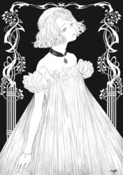  arm_at_side artist_name bare_shoulders black_background bracelet braid choker commentary cowboy_shot dress female greyscale iogi_(edrin_alfari) jewelry lips looking_away monochrome off-shoulder_dress off_shoulder original parted_lips short_hair solo 