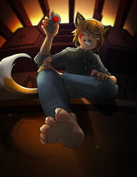  5_toes animal_humanoid beastkin_(gatobob) boyfriend_to_death canid canine claws clothing controller eyebrows fangs feet foot_focus fox gatobob glowing glowing_eyes grin hair humanoid humanoid_feet mammal orange_hair plantigrade remote_control ren_hana scar sitting smile soles solo spread_toes teeth toe_claws toes 