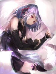  absurdres bare_shoulders black_dress black_skirt black_sleeves black_thighhighs closed_mouth commentary_request detached_sleeves dress fate/grand_order fate_(series) female hair_ribbon hanagin highres kama_(fate) kama_(first_ascension)_(fate) long_sleeves looking_away lying on_side petals purple_hair red_eyes red_ribbon ribbon skirt sleeveless sleeveless_dress sleeves_past_wrists solo thighhighs 