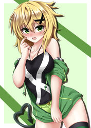  akatsuki_kirika bare_shoulders black_shirt blonde_hair blush breasts cleavage collarbone commentary_request female green_eyes green_shorts hair_between_eyes hair_ornament highres hood hoodie looking_at_viewer medium_breasts off_shoulder senki_zesshou_symphogear seshiro_(which501) shiny_skin shirt short_hair shorts solo standing tail tank_top thighhighs x_hair_ornament 