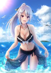  amagiri_tsukuyo bare_arms bare_shoulders bikini bird black_bikini black_ribbon black_sarong blue_sky blurry blurry_background blush breasts cleavage cloud collarbone commentary_request cross cross_necklace day denpa_(denpae29) earrings female hair_between_eyes hair_ribbon highres jewelry large_breasts leaning_forward long_hair looking_at_viewer necklace ocean open_mouth original outdoors ponytail purple_eyes ribbon sarong seagull see-through sidelocks sky solo sunlight swimsuit very_long_hair wading water_drop 