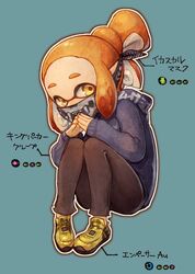  bandana blue_background female female fingers_together inkling kiitos nintendo pointy_ears shoes simple_background sitting solo splatoon sweater 