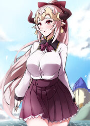  aliza_(granblue_fantasy) alternate_costume alternate_hairstyle bolobolo bow breasts commentary_request draph female granblue_fantasy hair_pulled_back hairbow highres horns huge_breasts long_hair photoshop_(medium) pleated_skirt ponytail red_bow red_eyes school_uniform skirt solo very_long_hair white_hair 