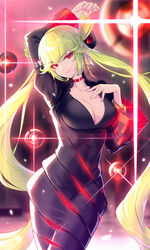  absurdres ai-chan_(honkai_impact) arm_up bad_id bad_pixiv_id body_markings breasts chinese_commentary cleavage collarbone commentary_request discipline_enforcer_a1 dress earrings female floating floating_object floating_weapon glint gold green_hair hair_ornament hand_up head_tilt highres honkai_(series) honkai_impact_3rd iandrea jewelry juliet_sleeves large_breasts light_particles long_hair long_sleeves looking_at_viewer neon_trim parted_lips petals pink_lips puffy_sleeves purple_dress red_eyes sidelocks solo taut_clothes taut_dress twintails wide_sleeves 