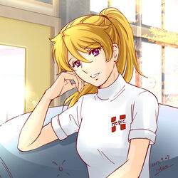  2017 alternate_hairstyle blonde_hair commentary_request dated female hair_between_eyes head_tilt high_ponytail indoors long_hair looking_at_viewer mori_yuki parted_lips purple_eyes shirt short_sleeves signature sitting solo uchuu_senkan_yamato uchuu_senkan_yamato_2199 upper_body white_shirt yokon2199 