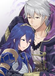  1boy ameno_(a_meno0) armor bad_id bad_twitter_id black_gloves black_sweater blue_armor blue_eyes blue_hair closed_mouth collarbone commentary_request female fire_emblem fire_emblem_awakening fire_emblem_heroes gloves grima_(fire_emblem) hair_between_eyes hair_ornament hood hooded_robe hug long_hair lucina_(fire_emblem) lucina_(glorious_archer)_(fire_emblem) open_clothes parted_lips red_eyes ribbed_sweater robe robin_(fire_emblem) robin_(male)_(fire_emblem) shirt short_hair simple_background sweater tiara white_hair white_shirt 