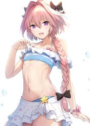  1boy :d astolfo_(fate) astolfo_(sparkling_frills)_(fate) bikini black_bow blush bow bracelet braid commentary_request cowboy_shot fate/apocrypha fate/grand_order fate_(series) frilled_bikini frills groin hair_between_eyes hair_intakes hairbow jewelry long_braid long_hair looking_at_viewer male_focus multicolored_hair navel oerba_yun_fang off-shoulder_bikini off_shoulder official_alternate_costume open_mouth otoko_no_ko pectorals pink_hair purple_eyes sayika single_braid smile solo stomach streaked_hair swimsuit white_hair 