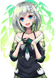  :d black_shirt blue_eyes braid collarbone commentary_request female fingerless_gloves gloves gradient_hair green_gloves green_hair green_skirt grey_hair hair_between_eyes head_tilt highres kuronosu_(yamada1230) looking_at_viewer multicolored_hair necktie off-shoulder_shirt off_shoulder open_mouth rainbow_hair shirt single_braid skirt smile solo upper_body virtual_youtuber white_background yuni_(yuni_channel) yuni_channel 