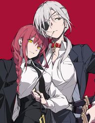  2girls black_necktie black_suit braid braided_ponytail breasts brown_hair business_suit chainsaw_man cigarette collar couple ear_piercing earrings eyepatch femdom formal height_difference highres jewelry leash leash_pull light_smile long_hair long_jacket looking_at_viewer makima_(chainsaw_man) medium_breasts multiple_girls necktie oyo_hitsuji piercing ponytail quanxi_(chainsaw_man) ringed_eyes shirt_tucked_in smile smoking suit sword weapon white_hair yellow_eyes yuri 