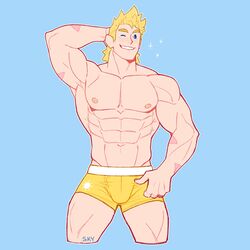  1boy abs alternate_costume bara blonde_hair blue_eyes boku_no_hero_academia boxer_briefs bulge cropped_legs feraltintinsimp highres large_pectorals male_focus male_underwear muscular muscular_male navel nipples one_eye_closed pectorals scar scar_on_arm short_hair smile solo sparkle spiked_hair stomach thick_thighs thighs togata_mirio topless_male underwear underwear_only yellow_male_underwear 