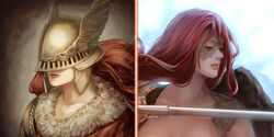  armor breasts cape closed_eyes closed_mouth commentary_request covered_eyes crypthiyama dress elden_ring female floating_hair helmet highres holding holding_weapon long_hair malenia_blade_of_miquella malenia_goddess_of_rot mechanical_arms multiple_views nude prosthesis prosthetic_arm red_cape red_hair simple_background single_mechanical_arm sword very_long_hair weapon winged_helmet wings 