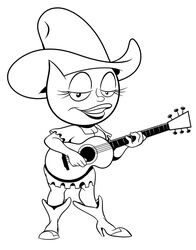  2014 adventures_of_sonic_the_hedgehog anthro boots catty_carlisle chadrocco clothing cowboy_boots cowboy_hat domestic_cat felid feline felis female footwear guitar hat headgear headwear lips looking_at_viewer mammal monochrome musical_instrument narrowed_eyes plucked_string_instrument sega simple_background smile solo sonic_the_hedgehog_(series) string_instrument white_background 