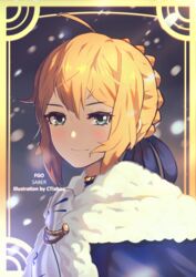  artist_name artoria_pendragon_(fate) border braid cape character_name close-up commentary copyright_name cowlick crown_braid ctiahao fate/grand_order fate/stay_night fate_(series) female fur_trim green_eyes hair_between_eyes highres light_smile looking_at_viewer saber_(fate) snow solo 