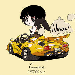  animal_ears black_eyes black_hair breasts car chibi convertible female fire from_behind highres lamborghini lamborghini_countach leotard looking_back medium_breasts motor_vehicle naca_duct original pantyhose playboy_bunny rabbit_ears rikona short_hair smoke solo speech_bubble spoiler_(automobile) sports_car vehicle_focus white_background 