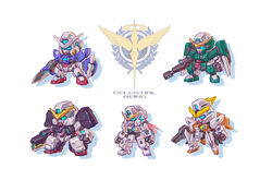  blue_eyes celestial_being chibi clenched_hand gun gundam gundam_00 gundam_dynames gundam_exia gundam_kyrios gundam_nadleeh gundam_virtue highres holding holding_gun holding_sword holding_weapon logo mecha no_humans photoshop_(medium) rifle robot sniper_rifle sword weapon xhqiang 