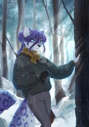  anthro blue_eyes bottomwear claw_marks clothed clothing coat digital_media_(artwork) dreadlocks felid feline female forest forest_background fully_clothed gloves gun hair handwear hi_res jacket lanhai legend_of_ahya leopard long_hair mammal natalia_ruyemov_(darkflamewolf) nature nature_background outside pantherine pants plant purple_hair ranged_weapon rifle rifle_sling scarf shaded snow snow_leopard snowing snowing_outside solo topwear tracking tree weapon winter winter_coat 