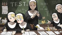  5girls academic_test arrow_(symbol) beak beret bird blonde_hair blue_eyes book brown_eyes brown_hair bubble_sheet chalkboard cheating_(competitive) cheek_press chicken clumsy_nun_(diva) commentary crumpled_paper diva_(hyxpk) duck duckling earthworm english_commentary english_text flower froggy_nun_(diva) grey_hair habit hair_flower hair_ornament hairclip hat highres holding holding_book holding_pencil holding_telescope letter little_nuns_(diva) mole mole_(animal) mole_under_eye mole_under_mouth mouth_hold multiple_girls nervous_sweating nun pencil pointing rolled_up_newspaper scowl shaded_face shadow sign smug_nun_(diva) spicy_nun_(diva) strict_nun_(diva) sweat tears telescope test_taking traditional_nun triangle_mouth yellow_eyes 