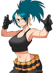  ammunition_belt armpits arms_up bare_shoulders black_gloves black_tank_top blue_eyes blue_hair breasts cargo_pants crop_top drawlomong24 earrings eyes_visible_through_hair female fighting_stance gas_can gloves hair_ornament hairclip highres jewelry leona_heidern midriff navel pants ponytail simple_background sleeveless solo tank_top the_king_of_fighters the_king_of_fighters_xiii triangle_earrings white_background 