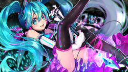  animal_ear_headphones animal_ears blue_eyes blue_hair cat_ear_headphones commentary elbow_gloves fake_animal_ears female fetal_position floating_hair gloves hair_between_eyes hatsune_miku headphones highres holding holding_microphone kakitsubata_anko looking_at_viewer microphone open_mouth screen solo thighhighs thighs vocaloid white_gloves 