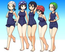  5girls :o arm_behind_head armpits arms_behind_back barefoot black_eyes black_hair bob_cut breasts brown_eyes brown_hair frills goggles goggles_on_headwear hair_bun highres large_breasts maruput midriff multiple_girls original school_uniform short_hair simple_background single_hair_bun small_breasts smile swim_cap twintails 