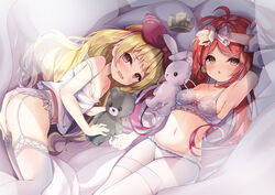  2girls :o anchor_symbol antenna_hair armpits azur_lane bare_shoulders bed blonde_hair blush bra breasts camisole commission crown detached_sleeves earrings eyelashes garter_belt hair_ornament hair_ribbon hand_on_own_head highres holding holding_stuffed_toy indoors jenkins_(azur_lane) jersey_(azur_lane) jewelry lingerie long_hair looking_at_viewer low_twintails lying madotsukumo mini_crown multiple_girls navel oerba_yun_fang open_mouth panicking panties pantyhose pillow pink_ribbon red_eyes red_hair ribbon side-tie_panties skeb_commission small_breasts striped_camisole stuffed_animal stuffed_rabbit stuffed_toy sunlight teddy_bear thighhighs thighs twintails underwear wavy_hair white_camisole white_panties white_pantyhose white_thighhighs wrist_cuffs yellow_eyes 