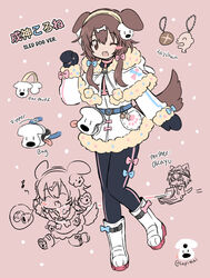  alternate_costume animal_ears bad_id bad_twitter_id blue_bow blush_stickers bone_hair_ornament bow brown_eyes brown_hair character_name charm_(object) chibi chocolate_cornet dog_ears dog_girl dog_tail earmuffs fangs female food fur_trim gloves hair_between_eyes hair_ornament hairclip hololive inugami_korone lapithai long_hair long_sleeves nekomata_okayu pink_background pink_bow signature simple_background snow_boots standing standing_on_one_leg tail virtual_youtuber 