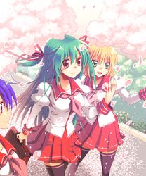  3girls azpainter_(medium) black_legwear blonde_hair blush breasts brown_eyes cherry_blossoms closed_mouth collared_shirt commentary_request feet_out_of_frame green_eyes hair_between_eyes hair_ribbon highres juliet_sleeves long_hair long_sleeves medium_breasts multiple_girls neckerchief open_mouth original pink_neckerchief pleated_skirt puffy_sleeves purple_hair red_ribbon red_skirt ribbon sakakura_(sariri) school_uniform shirt short_hair skirt smile thighhighs white_shirt 