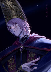  1boy blue_gemstone blue_robe conical_hat cropped crown elden_ring fingernails gem genderswap_(ftm) grey_hair highres jeweled_hat kim_hana korean_commentary large_hat looking_at_viewer male_focus parted_lips pink_hair pointy_hat purple_brooch purple_gemstone red_eyes red_gemstone rennala_queen_of_the_full_moon robe rule_63 short_hair signature solo star_(sky) tall_hat turtleneck 