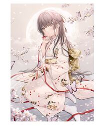  6u_(eternal_land) absurdres blush brown_eyes brown_hair bug butterfly cherry_blossoms commentary eshi_100_nin_ten female highres japanese_clothes kimono looking_at_viewer moon original red_ribbon ribbon sitting solo white_footwear yokozuwari 