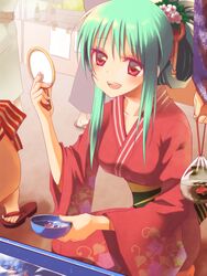  4others azpainter_(medium) blush bowl breasts commentary_request female fish folded_ponytail full_body goldfish goldfish_scooping green_hair highres holding holding_bowl japanese_clothes kimono long_hair looking_at_viewer medium_breasts multiple_others mypaint_(medium) open_mouth original red_eyes red_kimono sakakura_(sariri) sidelocks smile solo_focus squatting water yukata 