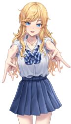  absurdres armpit_peek blonde_hair blue_eyes blue_skirt blush bow bowtie collarbone cowboy_shot curly_hair diagonal-striped_bow diagonal-striped_bowtie diagonal-striped_clothes double_v female highres idolmaster idolmaster_cinderella_girls long_hair looking_at_viewer loose_bowtie ohtsuki_yui open_collar pleated_skirt school_uniform shirt short_sleeves simoumi_217 simple_background skirt skirt_rolled_up smile solo striped_clothes v very_long_hair white_background white_shirt 