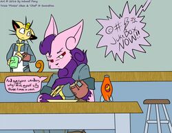  2016 angry anthro apron bar_stool beverage bubble chair clothing color_edit colored container counter crossover cup dialogue duo eeveelution english_text espeon fallout fallout:_pca felid feline female food fur furniture generation_1_pokemon generation_2_pokemon generation_6_pokemon gloves_(marking) hair male mammal markings meowstic meowth microsoft muniversalarts neck_tuft nintendo pika-cola pink_body pink_fur pip-boy plate pokemon pokemon_(species) pokemorph post-apocalyptic purple_body purple_fur purple_hair red_eyes rolled_up_sleeves sandwich_(food) sitting soda soda_bottle speech_bubble standing stool table text third-party_edit trixie_(swordfox) tuft vault_suit washcloth 