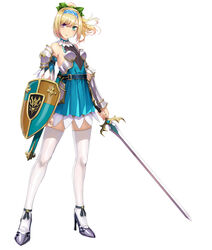  adelheid_(taimanin_rpgx) armor armpit_crease bare_shoulders blonde_hair blue_eyes blue_gemstone blue_hairband blush bow breastplate checkered checkered_footwear clenched_hand closed_mouth dress female gem green_bow green_eyes grey_background grey_footwear hair_between_eyes hairband hanekura_bou heterochromia high_heels highres holding holding_shield holding_sword holding_weapon long_hair looking_at_viewer pauldrons purple_eyes scabbard sheath shield shoulder_armor simple_background skindentation solo standing sword taimanin_(series) taimanin_rpgx thighhighs unsheathed vambraces weapon white_thighhighs 