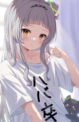  absurdres arched_bangs black_cat blush brown_eyes closed_mouth clothes_writing feline female grey_hair hair_bun hair_ornament hand_up highres hololive light_particles long_hair looking_at_viewer mei_am0 murasaki_shion playing_with_own_hair shiokko_(murasaki_shion) shirt short_sleeves sidelocks single_bare_shoulder single_hair_bun solo upper_body virtual_youtuber white_shirt 