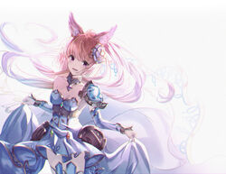  animal_ears armor bad_id bad_pixiv_id breasts bridal_gauntlets clothes_lift collar cosplay dress dress_lift erune female flower gem glorybringer_(granblue_fantasy) glorybringer_(granblue_fantasy)_(cosplay) granblue_fantasy hair_flower hair_ornament highres light_brown_hair long_hair looking_at_viewer medium_breasts mohurine_cute ponytail purple_eyes shoulder_armor skindentation smile solo strapless strapless_dress thighhighs very_long_hair yuisis_(granblue_fantasy) 