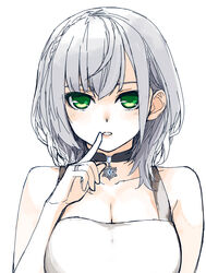  black_choker breasts choker cleavage collared_shirt eyebrows_hidden_by_hair female green_eyes grey_hair hair_behind_ear hololive jewelry large_breasts looking_at_viewer medium_hair parted_lips ring sazare_(sazare_az) shirogane_noel shirogane_noel_(casual) shirt snowflakes solo straight-on tank_top upper_body virtual_youtuber wavy_hair wedding_ring white_tank_top 