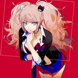  aokiku arm_under_breasts bear_hair_ornament black_choker black_shirt blonde_hair blue_eyes bow bra breasts choker cleavage collarbone danganronpa:_trigger_happy_havoc danganronpa_(series) enoshima_junko female hair_ornament hand_on_own_chin highres leaning_forward long_hair long_sleeves looking_at_viewer medium_breasts miniskirt nail_polish necktie pink_hair pleated_skirt red_background red_nails school_uniform shirt skirt sleeves_rolled_up smile solo symbol_commentary twintails underwear white_neckwear 