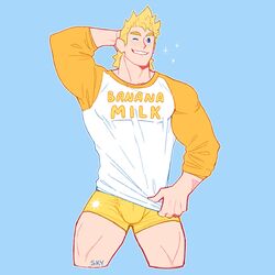  1boy alternate_costume bara blonde_hair blue_eyes boku_no_hero_academia boxer_briefs bulge cropped_legs feraltintinsimp highres large_pectorals long_sleeves male_focus male_underwear muscular muscular_male no_pants one_eye_closed pectorals shirt short_hair smile solo sparkle spiked_hair thighs togata_mirio underwear white_shirt yellow_male_underwear 