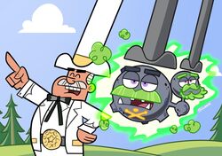  1boy aura beard bow bowtie cartoonized closed_eyes cloud commentary cowboy_hat cowboy_shot crossover day doug_dimmadome english_commentary eyebrows facial_hair formal fusion galarian_weezing hat moustache official_style open_mouth outdoors parody pointing pokemon pokemon_(creature) purple_eyes siczak signature sky smoke style_parody suit the_fairly_oddparents toon_(style) trait_connection tree tusks white_suit 