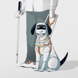  1boy :3 animal_focus avogado6 cane canine commentary english_commentary grey_pants guide_dog holding holding_cane holding_leash leash non-humanoid_robot original pants robot robot_animal robot_dog shirt white_cane white_shirt 