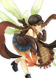  159cm anomalocaris bare_shoulders black_footwear black_hat blue_skirt bra_strap breasts brown_eyes brown_hair brown_sweater cabbie_hat commentary_request earrings female fingernails green_nails hair_between_eyes halterneck hand_up hat high_heels highres hoop_earrings insect_wings jewelry large_breasts long_sleeves looking_at_viewer monster_girl nail_polish off-shoulder_sweater off_shoulder original personification shoes simple_background skirt smile solo standing standing_on_one_leg sweater tail viria_(159cm) white_background wings 