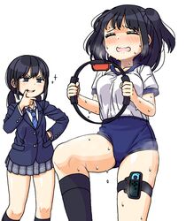  2girls black_eyes black_hair blush breath buruma closed_eyes dripping gym_uniform hand_on_own_chin hand_on_own_hip highres holding joy-con maruput multiple_girls nervous_sweating nintendo nintendo_switch original ring-con ring_fit_adventure school_uniform simple_background smug sweat thigh_strap twintails two_side_up visible_air white_background 