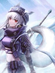  3_(sanyako1) absurdres animal_ears arknights belt black_headwear breasts closed_mouth clothes_writing crop_top day ears_through_headwear female fox_ears fox_girl fox_tail frostleaf_(arknights) frostleaf_(breaking_the_ice)_(arknights) grey_hair headphones headphones_around_neck highres holding holding_weapon light_rays long_hair looking_at_viewer medium_breasts navel official_alternate_costume outdoors red_eyes snow solo sparkle sunbeam sunlight tail upper_body weapon 