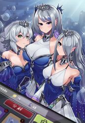  3girls armpits blue_dress blue_eyes breasts bubble cleavage commentary covered_navel dress duel_monster expressionless fins fish_girl green_eyes grey_hair head_fins highres large_breasts long_hair looking_at_viewer medium_hair multiple_girls nanamilem one_eye_covered pointy_ears purple_eyes small_breasts tearing_up tearlaments_havnis tearlaments_merrli tearlaments_scheiren tiara translated underwater very_long_hair yu-gi-oh! yu-gi-oh!_master_duel 